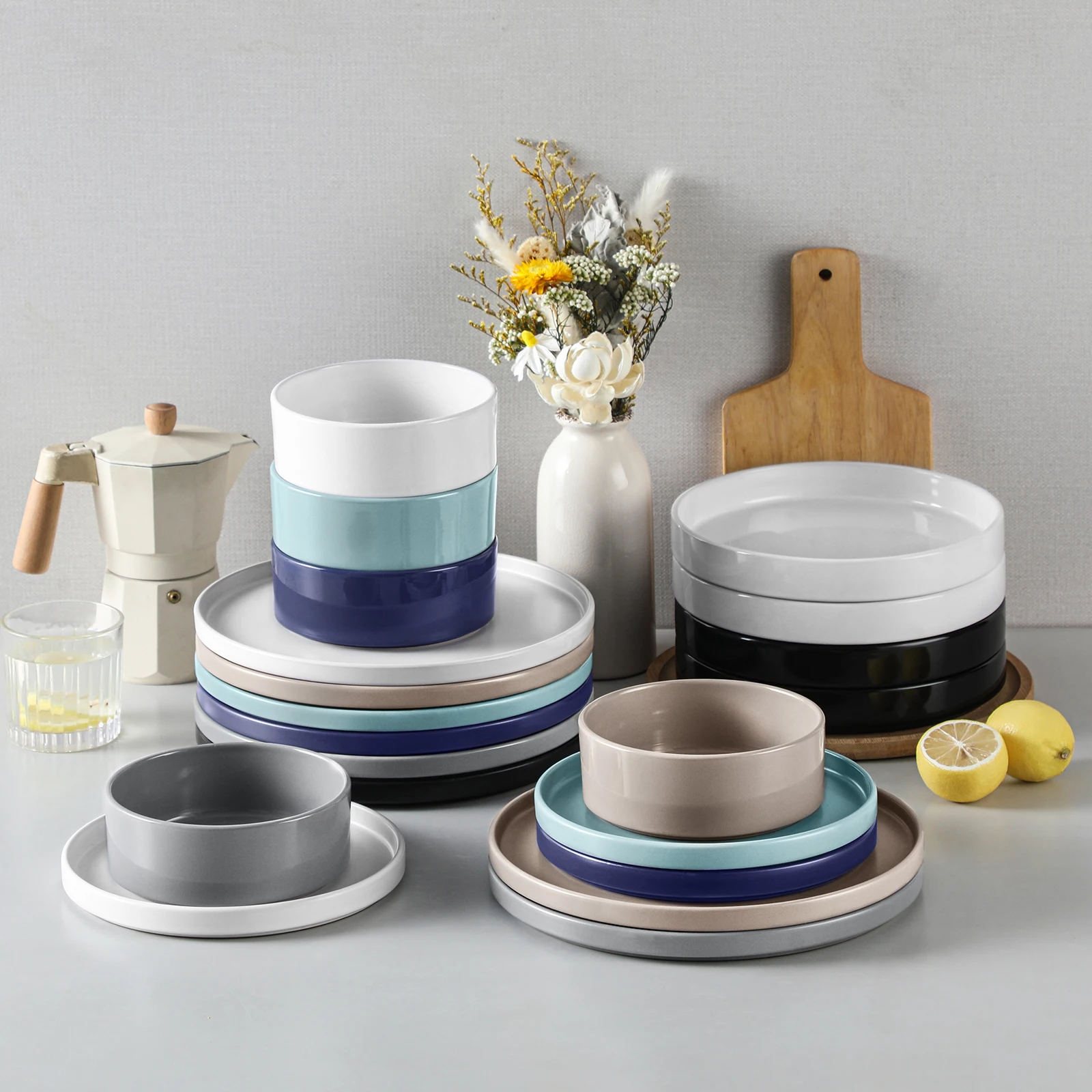VANCASSO 6 pezzi Beige/bianco/blu/blu scuro/grigio/nero Set di stoviglie in gres con cena/piatto da Dessert/ciotola per 6 persone
