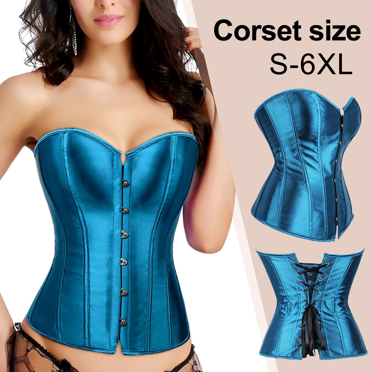 Corsetto d'oro Top blu corsetti vittoriani per le donne corsetto Sexy Lingerie Plus Size corsetti e bustini Overbust in raso Sexy nero W