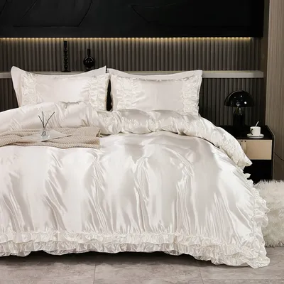 3PCS Satin Duvet Cover Set Silk White Khaki And Pink Bedding Comforter Cover Silky Ruffle Pattern Luxury Silky Bed set Soft