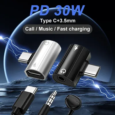 OTG 2 in 1 Usb Type C to 3.5mm HiFi Earphone Jack PD 30W Super fast charge Audio Aux Adaptor For iPhone 16 Galaxy S24 23 Ultra