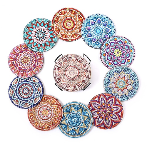 Valentinstagsgeschenke für Frauen Mütter sie 10 Stück Diamond Art Maluntersetzer Set DIY Bastelset mit Halter Rutschfeste Untersetzer Kunstbedarf für Erwachsene Frauen Ideal Image