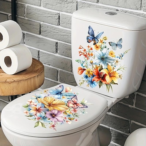 PVC-Blumen-Schmetterlings-Toilettendeckel-Dekorationsaufkleber für Toilettentanks, wasserfeste, selbstklebende, entfernbare Badezimmer-Wandaufkleber, moderne Wohndekoration Image