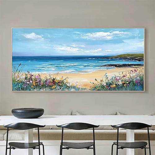 Sandiges Meeresufer Blumen blauer Himmel handgemaltes Wanddekor Wohnzimmer Acryl abstraktes Ölgemälde Bürowandkunst Strukturgemälde kein Rahmen Image