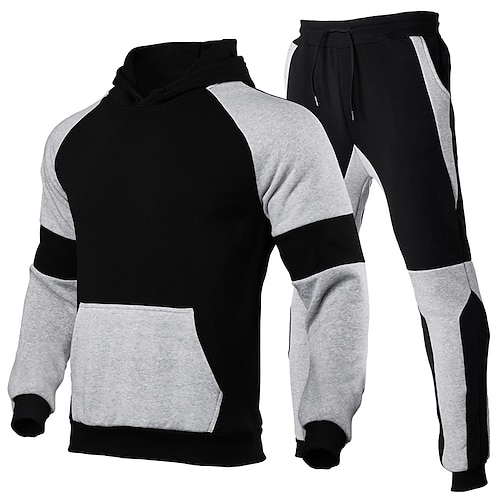Herren Trainingsanzug Jogginganzug Kordelzug Tasche Farbblock Kapuzenpulli und Hose Sportbekleidungsset Frühling Schwarz Rot Fitnesstraining Joggen Laufen Weich Atmungsaktiv Langarm Sport Image