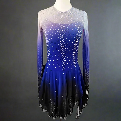 Eiskunstlaufkleid Damen Mädchen Eislaufen Kleid Schwarz blau Offener Rücken Netzstoff Hohe Elastizität Training Wettbewerb Eiskunstlaufkleidung Klassisch Kristall / Strass Langarm Eislaufen Image