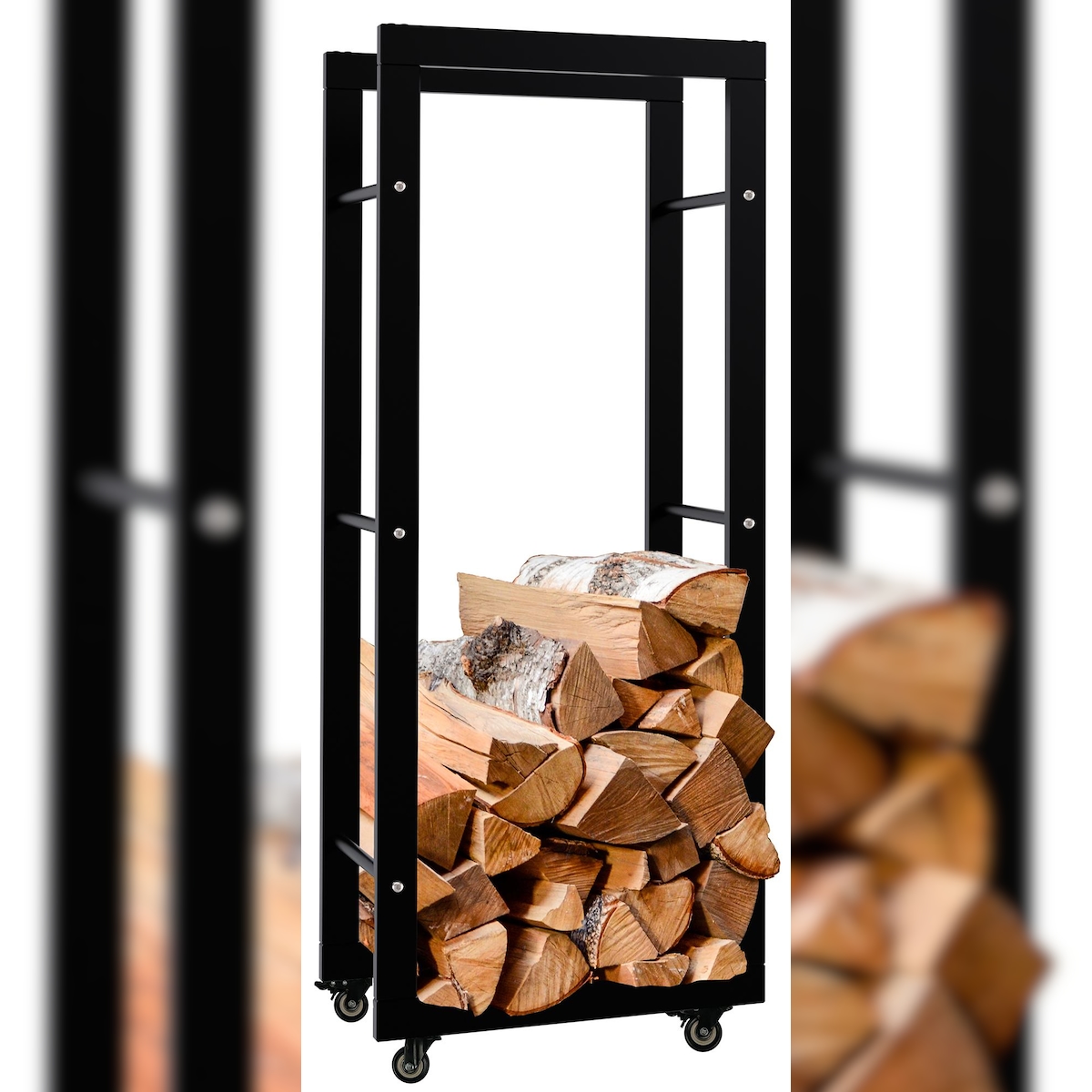 DELUKE® Kaminholzregal innen Metall SATLO mit Rollen Brennholzregal innen Kaminholzständer Kaminholzhalter Feuerholzregal Schwarz, 25x40x100cm Image