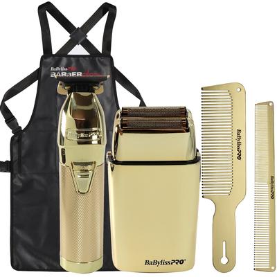 BaByliss Pro LIMITEDFX Collection Trimmer, Double Foil Shaver FXDUOFS2TG + 9" Clipper Comb and 7.5" Cutting Comb + Barber Apron