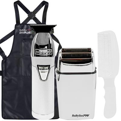 BaByliss Pro LIMITEDFX Collection Limited Edition Trimmer and Double Foil Shaver FXDUOFS2TS + Barber Apron + Flat Top Comb White
