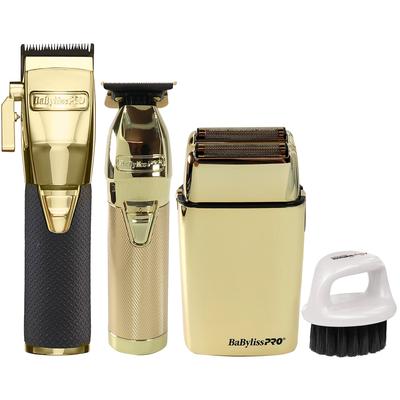 BaByliss Pro LIMITEDFX Collection Trimmer, Double Foil Shaver FXDUOFS2TG + GoldFX Boost+ Cordless Clipper FX870GBP + Neck Brush