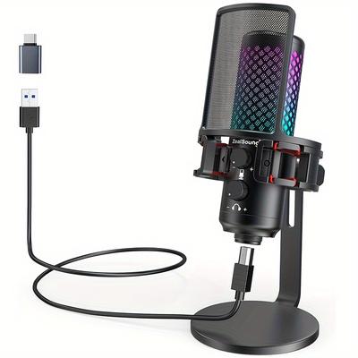 TEMU Zealsound Usb For , Metal Microphones -to- Led , Rgb , Pop Filter, , Gain For Volume , Mic Gain