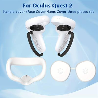 TEMU Three-piece Set For 2 Controller Protective Cover + Mask + Lens Protector, Silicone Face Pad Compatible With Oculus Quest 2 Accessories White, Sweat-proof, Light-proof, Non-slip, Washable