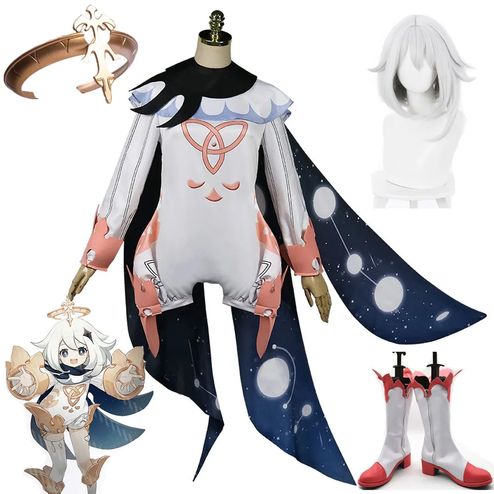 Genshin Auswirkungen Paimon Cosplay Lolita Overalls Outfit Erwachsene Frauen Einteiliges Kostüm Uniform Party Halloween Full Set Perücke Schuhe Image