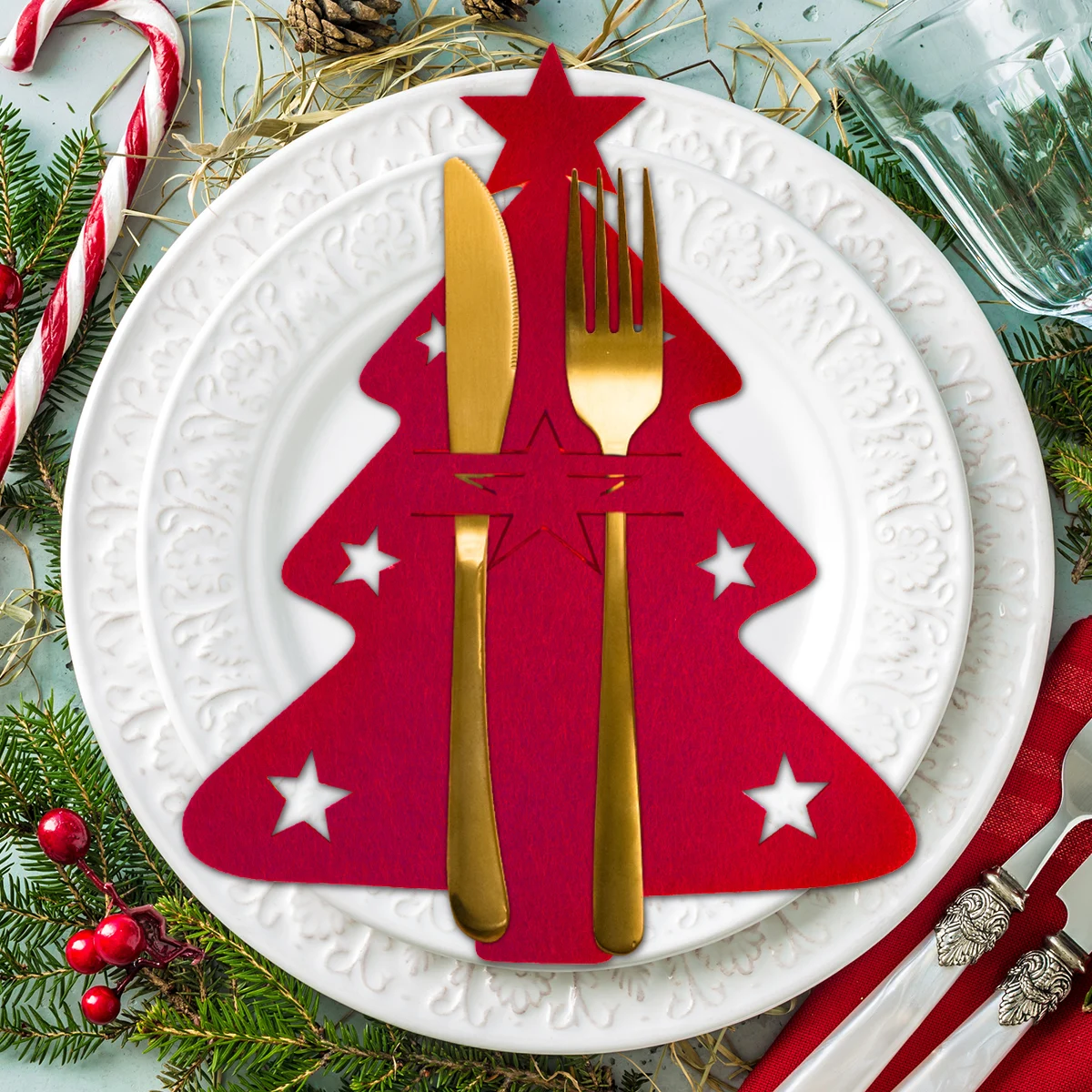 4 stücke Weihnachten Besteck Halter Taschen Weihnachten Baum Stern Form Messer Gabel Lagerung Taschen Geschirr Abdeckung Weihnachten Tisch Dekor Neue jahr Image