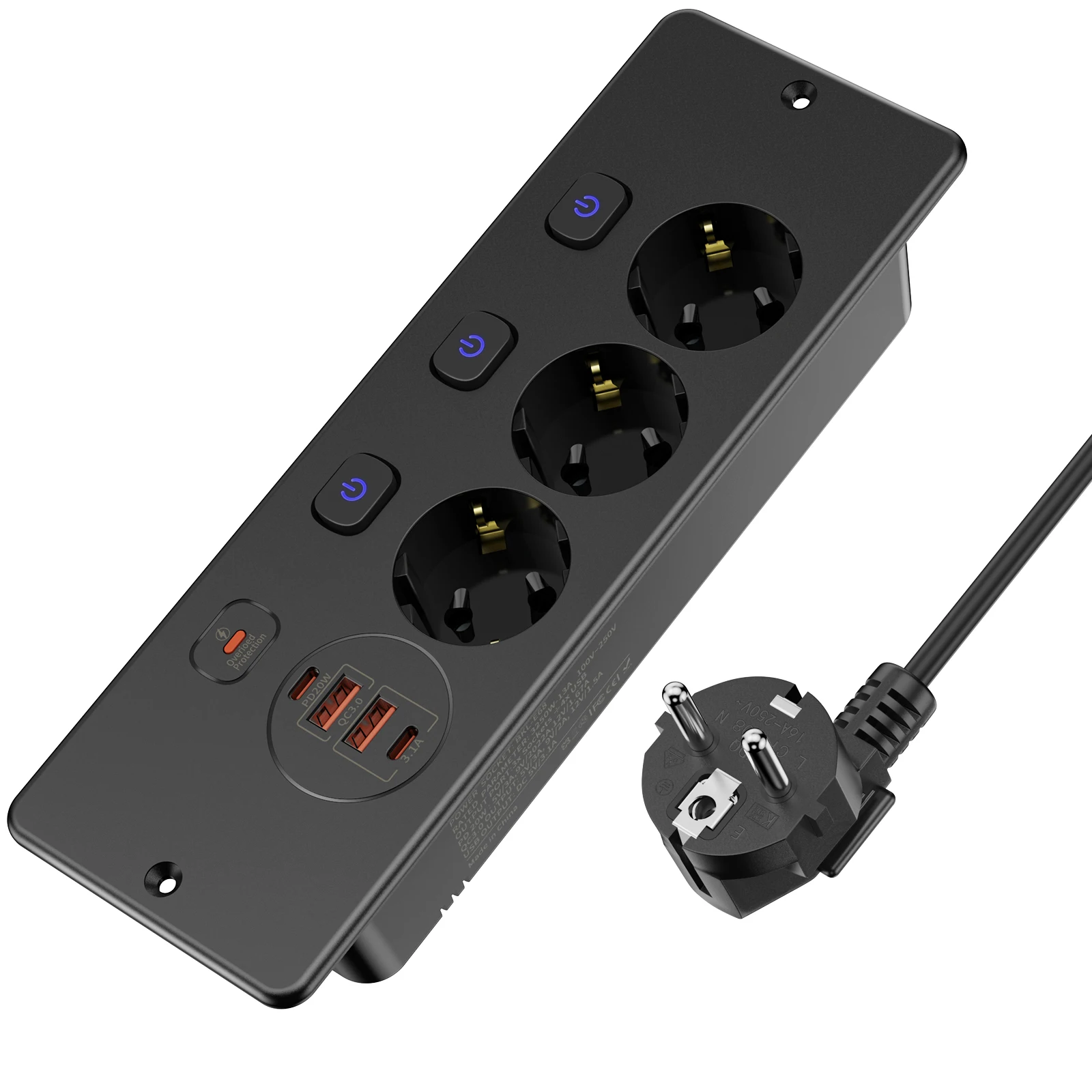 Integrierte EU-Desktop-Stromversorgungsplatine mit individuellen Schaltern, 4 USB-Anschlüssen, Schnelllade-Netzteil, 2-Meter-Kabelverlängerung Image