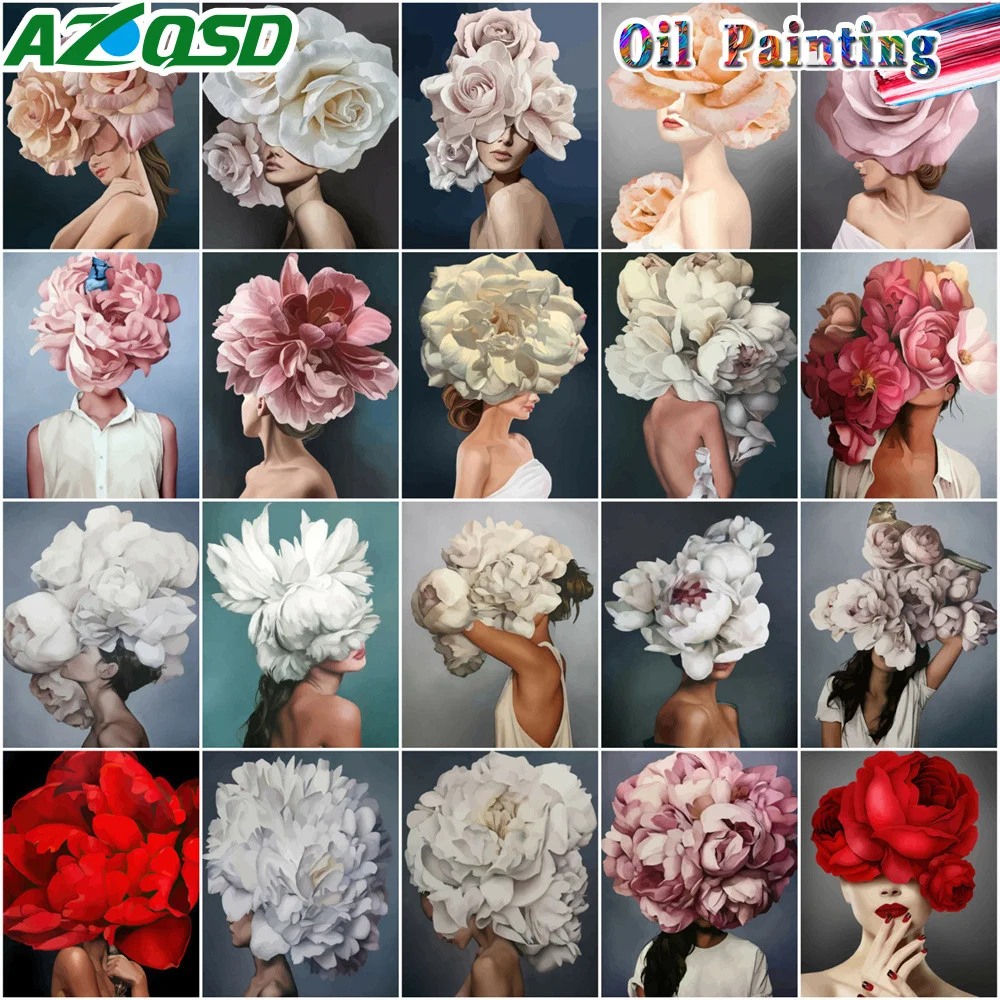 Azqsd malen nach Nummer Frau Blumen bilder nach Zahlen Rosen blumen porträt hand bemalt moderne DIY Geschenk Wohnkultur Image