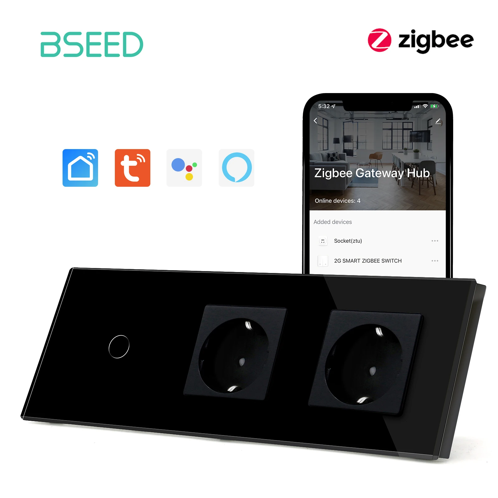 Bseed eu standard zigbee wand berührungs schalter 1/2/3 gang lichtsc halter doppel wand steckdose stecker tuya smart life control kein neutral Image