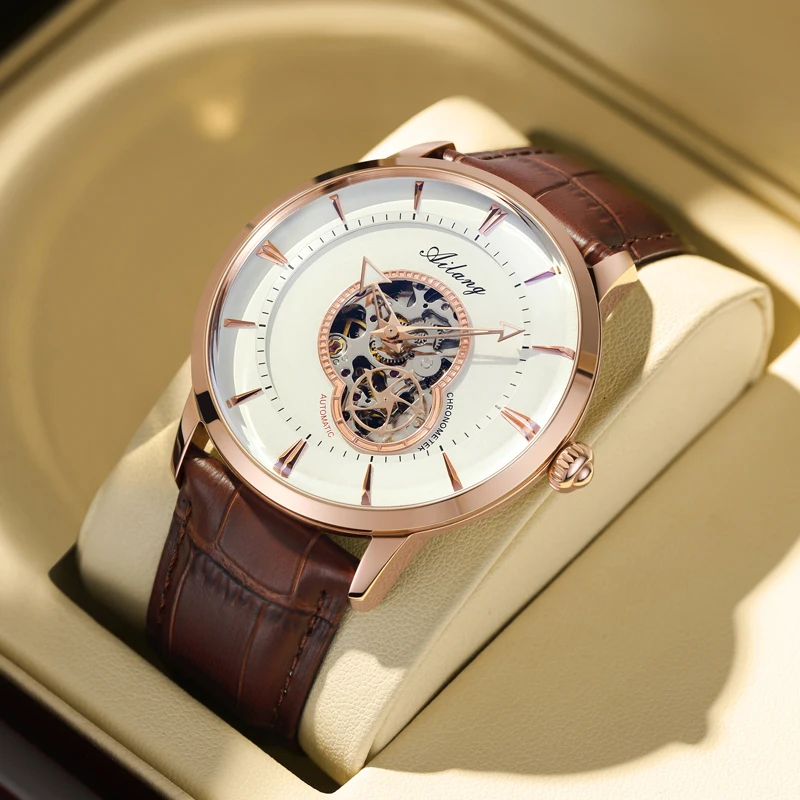 Herren-Armbanduhr mit Lederarmband, luxuriös, wasserdicht, ultradünn, ausgehöhlt, lässig, automatische mechanische Uhr für Herren, Sport-Armbanduhr Image