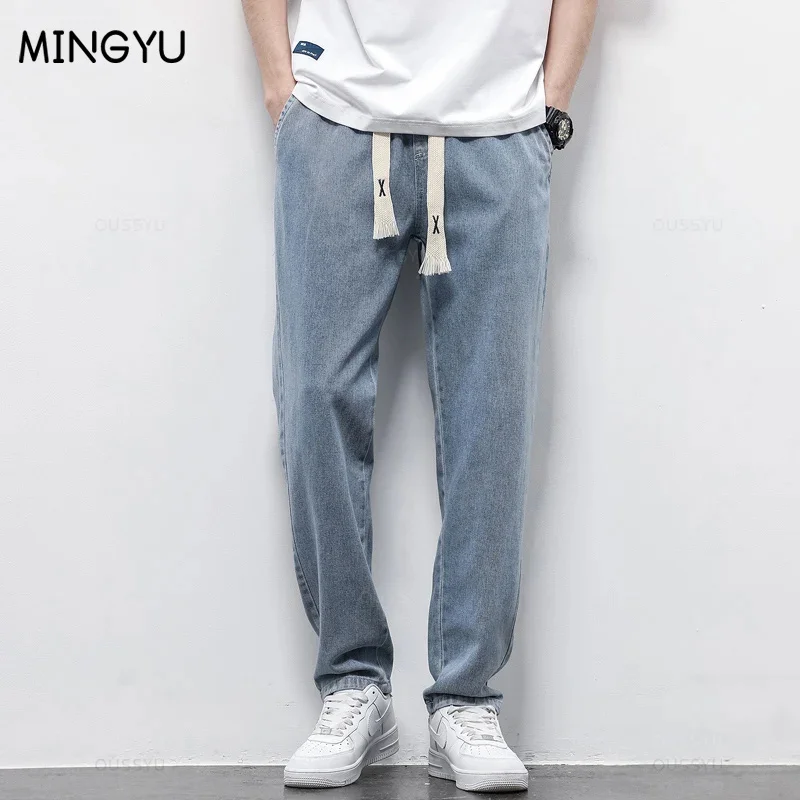 Hohe Qualität Vollständig Elastische Taille männer Jeans Baumwolle Weiche Kordelzug Gerade Hosen Korea Casual Hosen Männlich Plus Größe S-5XL