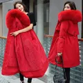 Winter-Damenjacke, pelzige Kapuze, lange Ärmel, Taschen, knielang, Übergröße, Reißverschluss und Knopfverschluss, dickes Plüschfutter, Baumwolle Co