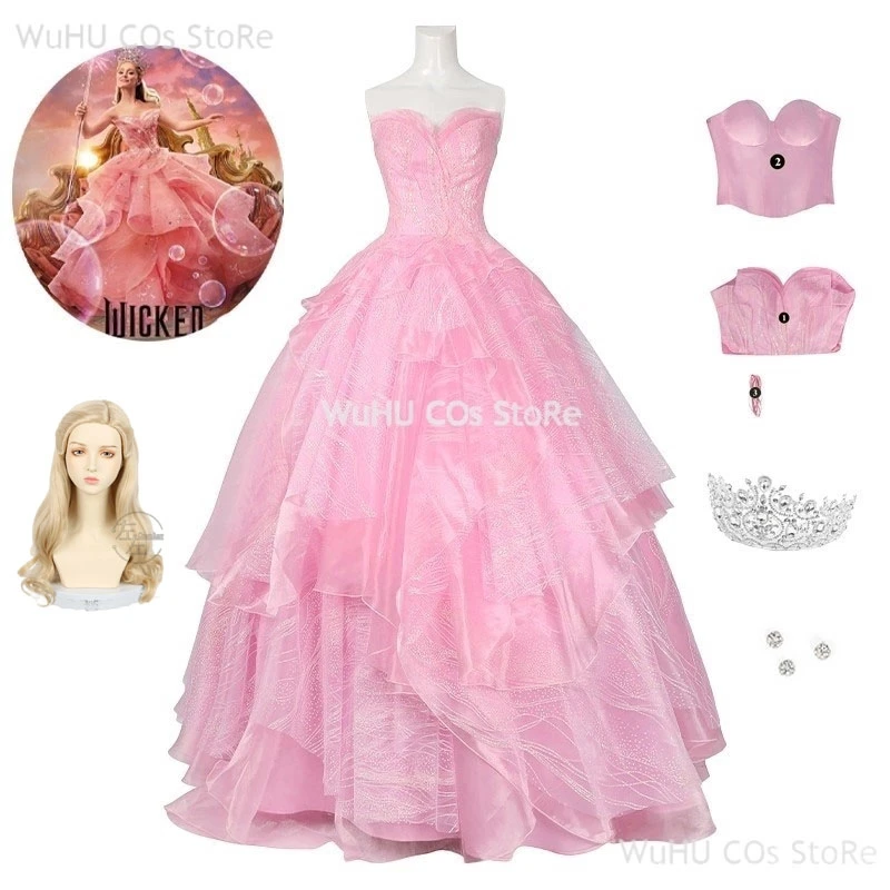Glinda Wicked Cosplay Kostüm Verkleidung Erwachsene Frauen Rosa Kleid Halo Roleplay Weibliche Kleid Fantasy Outfit Halloween Karneval Anzug Image
