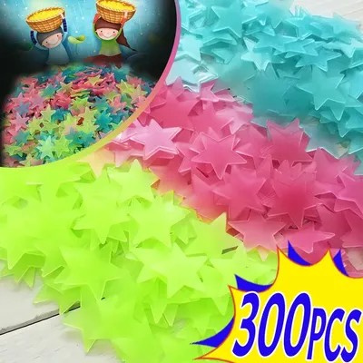 300 Stück Sterne leuchtende Wandaufkleber, die im Dunkeln leuchten, für Kinder, Babyzimmer, Dekoration, Abziehbilder, bunter Stern, Heim-DIY-Dekor, Wandbild Image