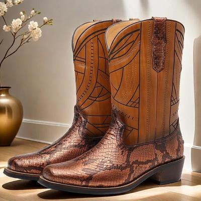 Men's Western Cowboy Boots with Snakeskin Print and Intricate Faux Leather Design – Stylish and Durable Footwear for Rodeo and Country Events