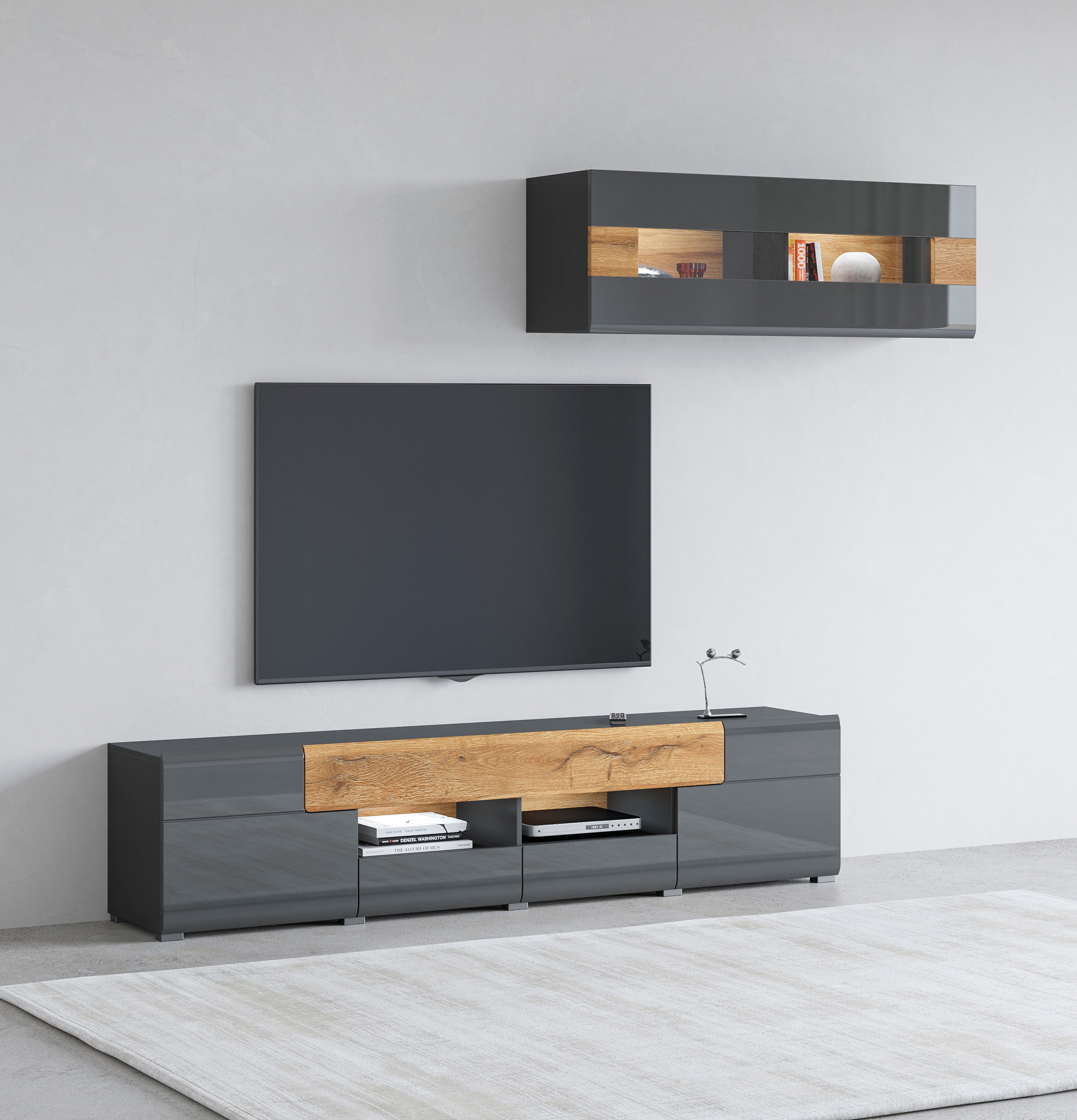 Wohnwand INOSIGN "Toledo", grau (antrazit, antrazit hgl, grandson), B:209cm, Kastenmöbel-Sets, Wohnwand