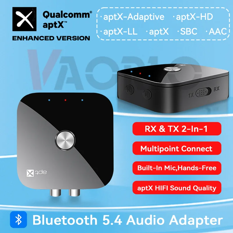 Ricevitore trasmettitore audio APTX Bluetooth5.4 aptX-Adaptive/HD/LL Adattatore wireless multipunto AUX da 3,5 mm 2in1 Stereo Hi-Fi con microfono