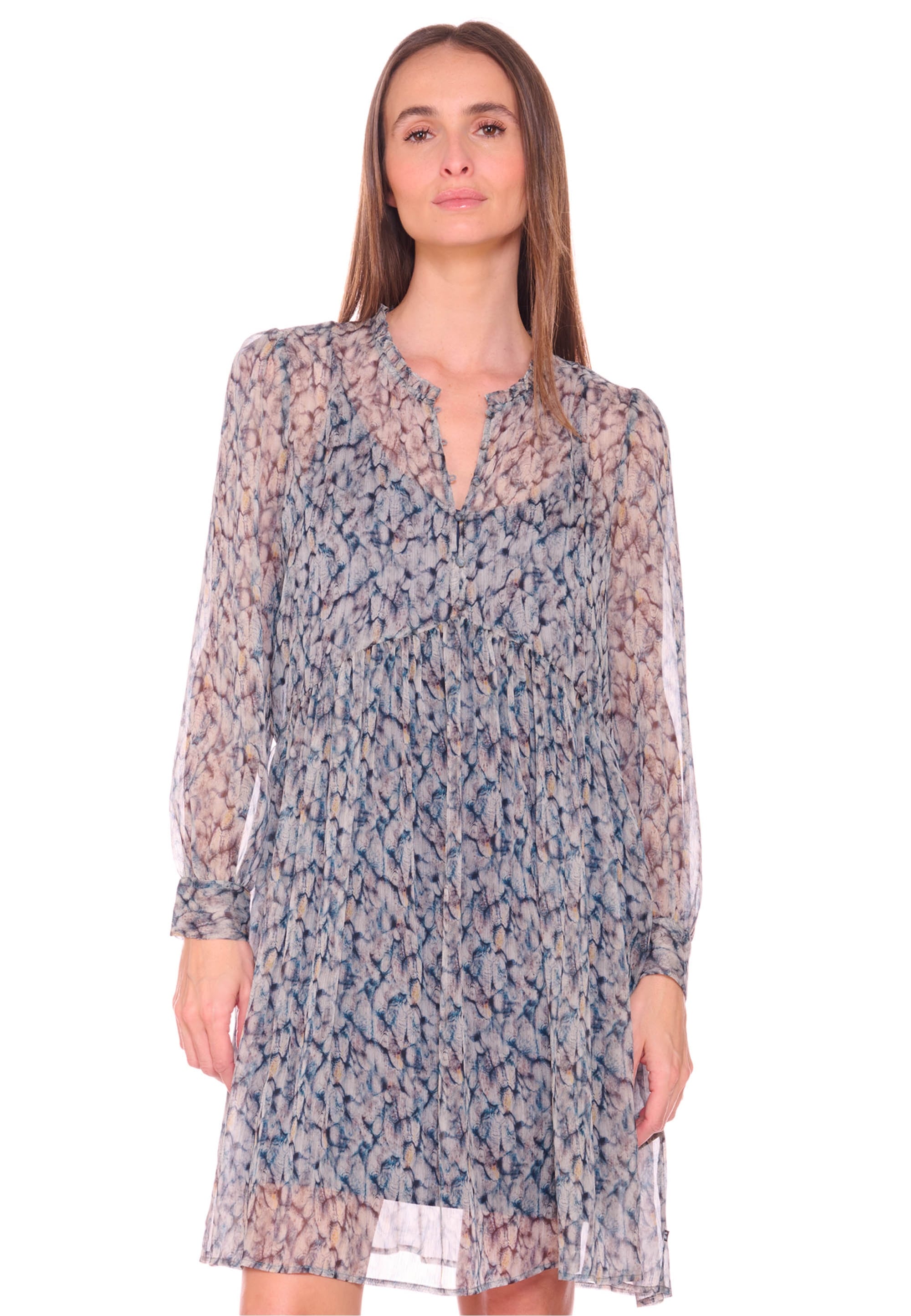 Jerseykleid LE TEMPS DES CERISES "DENALI", Damen, Gr. S, EURO-Größen, blau, 79% Polyester, 13% Polyacryl, 5% Leinen, 3% Elasthan, Casual, normal, Kleider, mit schönem Allover-Muster