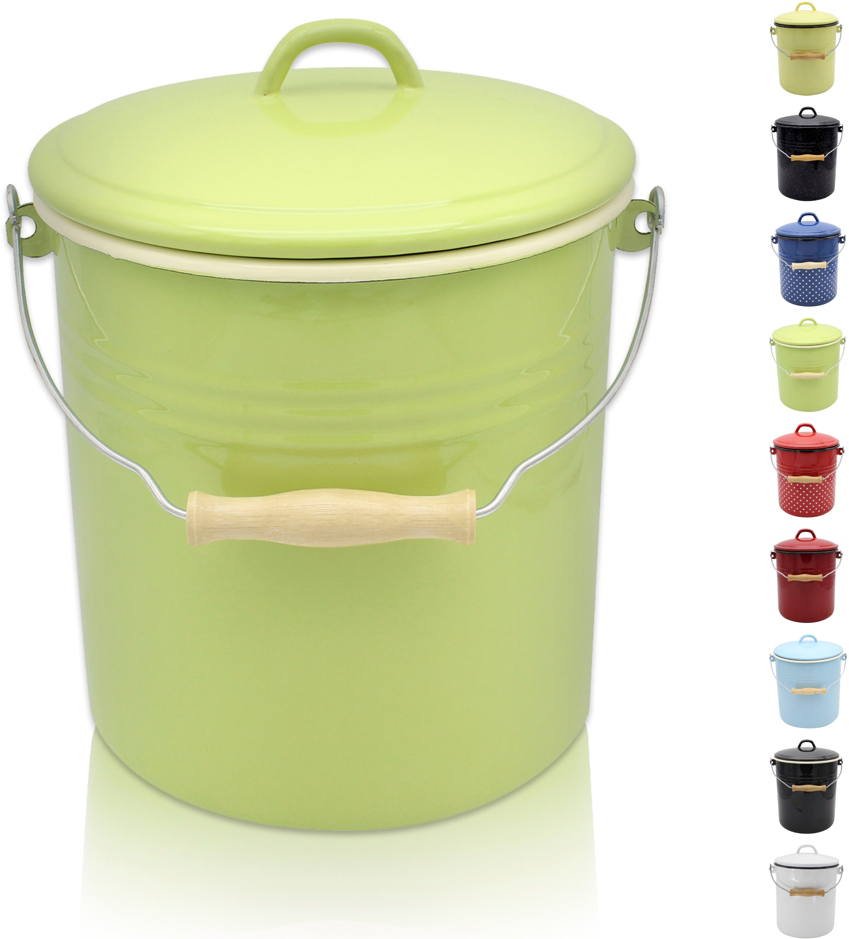 Mülleimer KRÜGER "Emaille Mülleimer mit Deckel Serie Rio", grün, pastell, innen creme, H:27,5cm Ø:24cm, Emaille, Mülleimer, Mülleimer, schnitt- / kratzfeste Oberfläche, bakterienabweisend, extrem langlebig