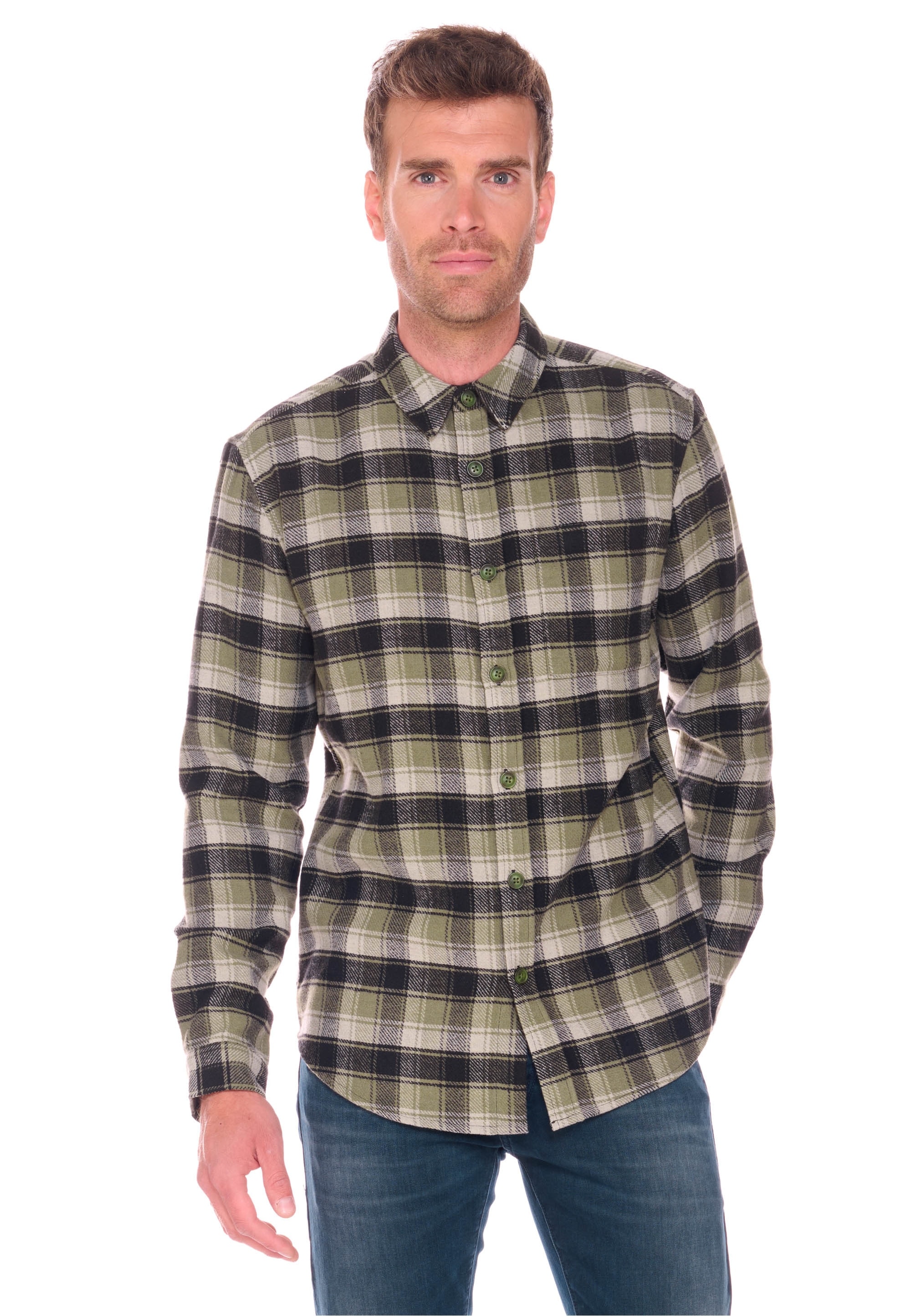 Langarmhemd LE TEMPS DES CERISES "FERINO", Herren, Gr. L, EURO-Größen, grün, 100% Polyamid, kariert, normal, ohne Ausschnitt, Hemden, mit Karo-Muster
