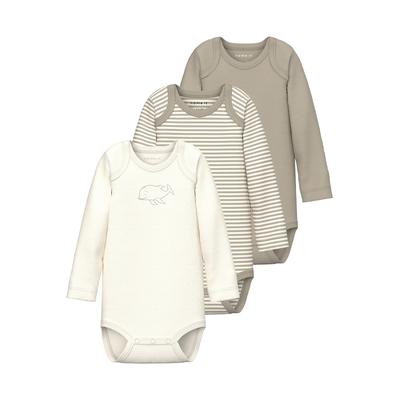 Body NAME IT "NBNBODY 3P LS Y/D CORE 2 NOOS", Baby, Gr. 62, N-Gr, beige (pure cashmere), Sweatware, Obermaterial: 100% Baumwolle, gemustert, casual, regular fit, amerikanischer Ausschnitt, Langarm, Bodies Image