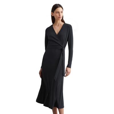 Jerseykleid MARC O'POLO "aus TENCEL™ Lyocell", Damen, Gr. L, Normalgrößen, blau (deep night blau), Obermaterial: 66% Lyocell, 32% Baumwolle, 2% Elasthan; Futter: 100% Nicht verfügbar, unifarben, casual, figurbetont lang, V-Ausschnitt, 3/4-Ärmel,... Image