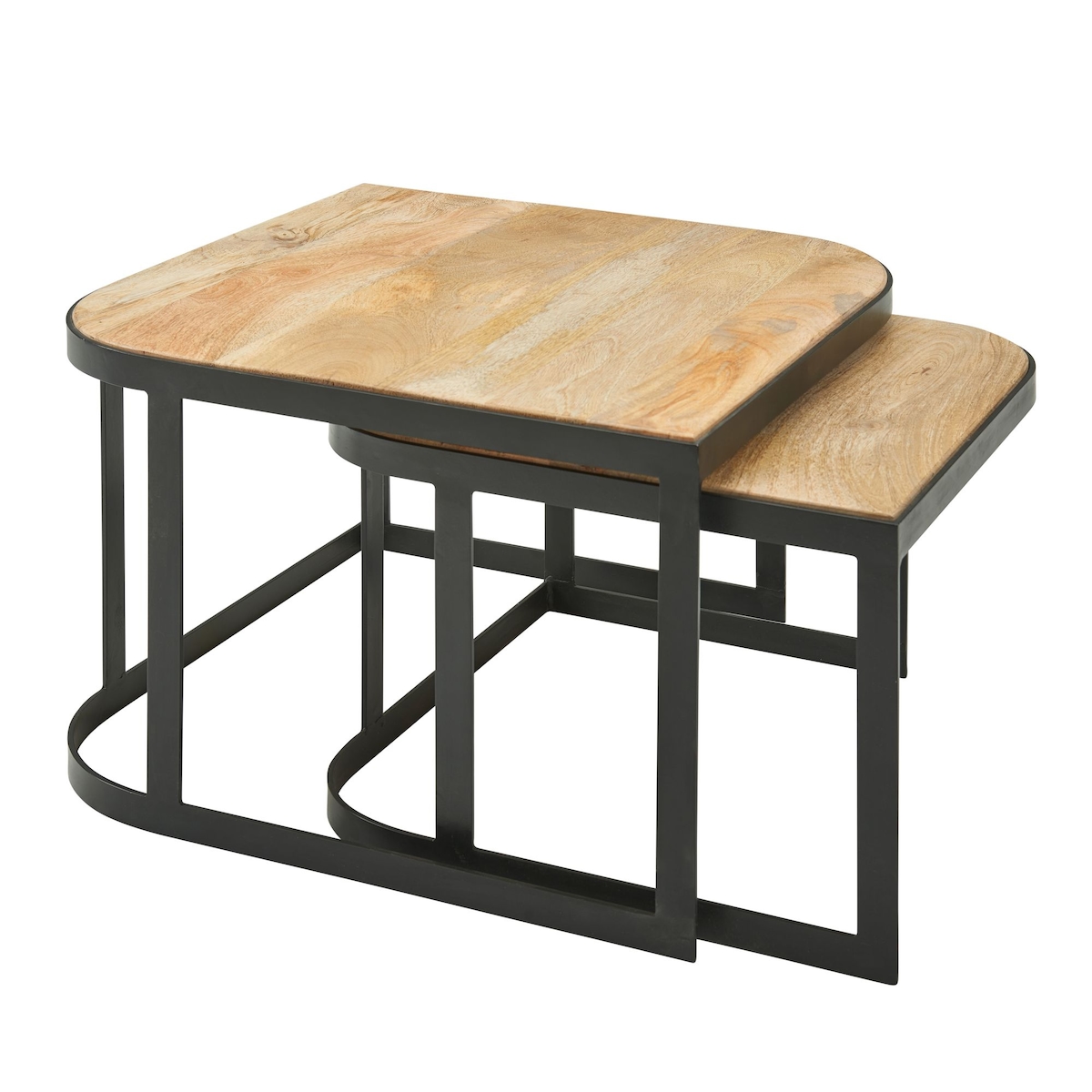 Massivholz Beistelltische `Timavo`: Industrielles Set, 60x40x60 cm & 50x35x50 cm, Mango-Massivholz, Eisen, abgerundete Ecken. Braun | Kadima Design Image