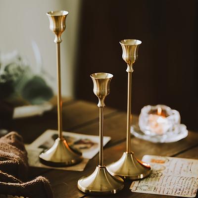 TEMU Vintage Design 3-piece Candle Holder Set, Brass Golden Metal Taper Candlesticks - Tabletop Floral Themed Decor, Oil Rubbed - Ideal For Wedding, Christmas, Party, Fireplace , Housewarming Gift Image