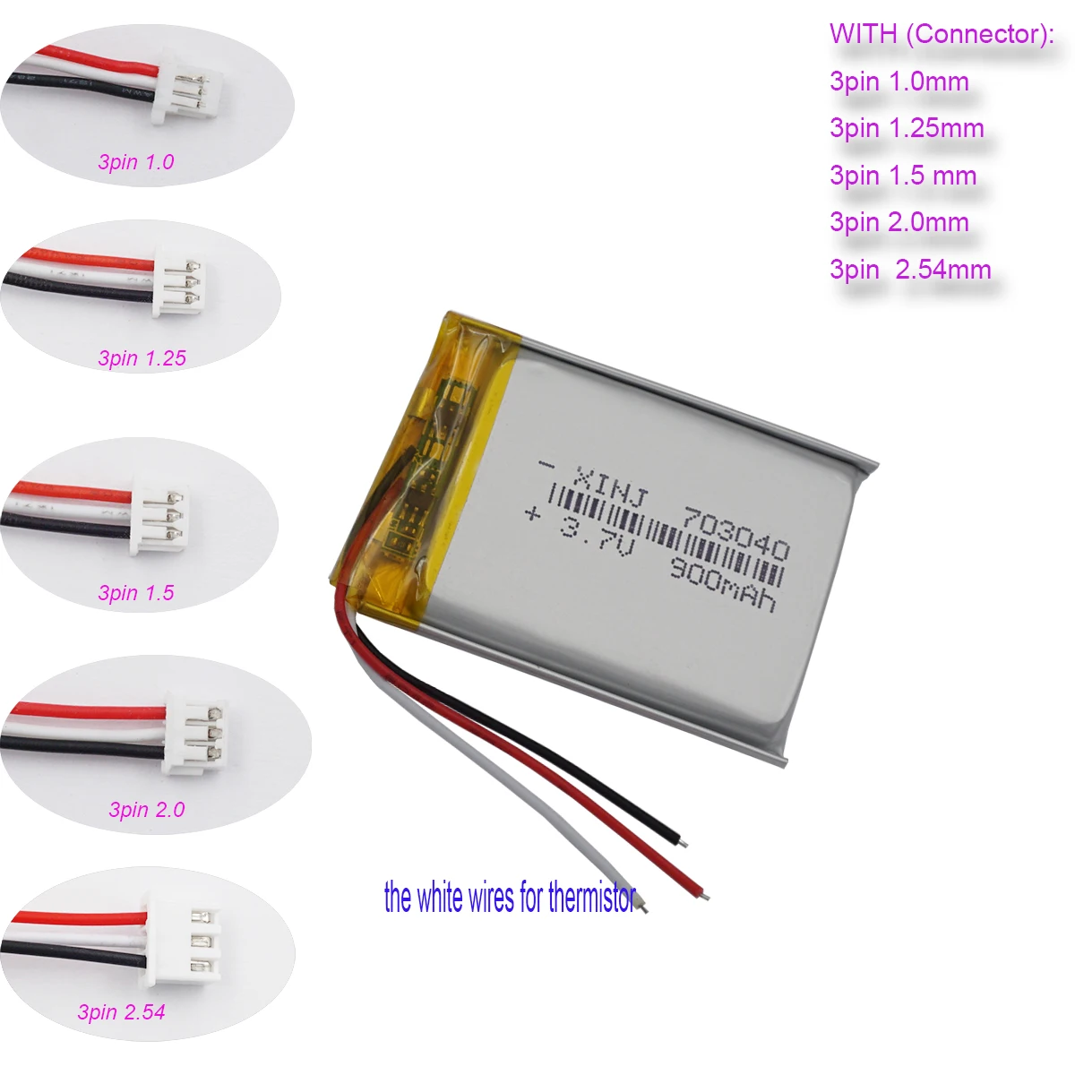 3,7V 900mAh 3,33Wh 703040 JST 3Pin NTC Thermistor Li-Polymer Ersatz Li Lipo Wiederaufladbare 3 Drähte Batterie Für GPS Kamera LED Image