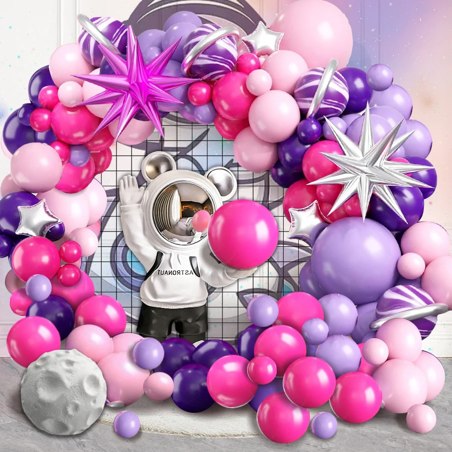 96-teiliges Ballonbogen-Set mit Weltraumthema, Lila-Rosa-Außenfarbe, Dunkellila, Pink, Pastellviolett, Achat-Latex-Luftballons DIY Planet, geeignet für Geburtstagsparty-Dekorationen mit Weltraumthemen Image