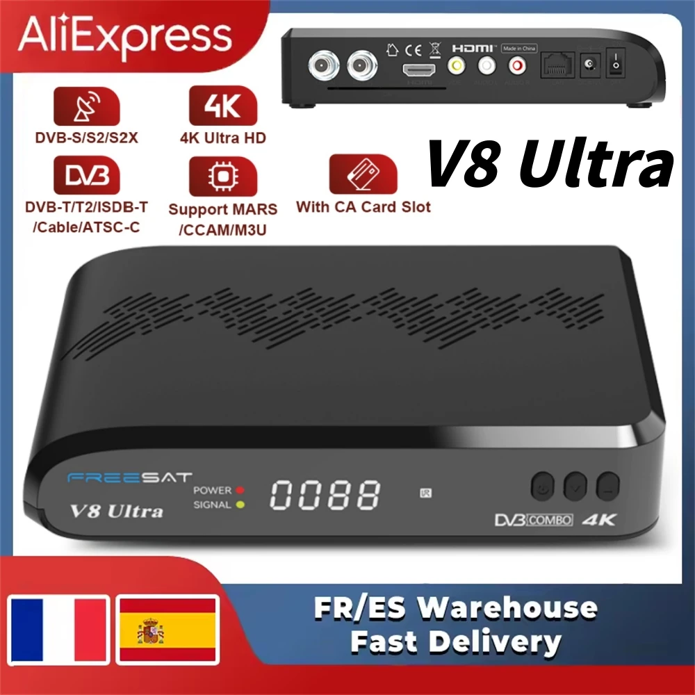 Récepteur de télévision par satellite FREESAT V8 Ultra DVB-S/S2/S2X, DVB-T2/T+C, FUNCAM/MARS/CCAM/M3U avec fente pour carte CA, décodeur de réglage LNB 4K UHD