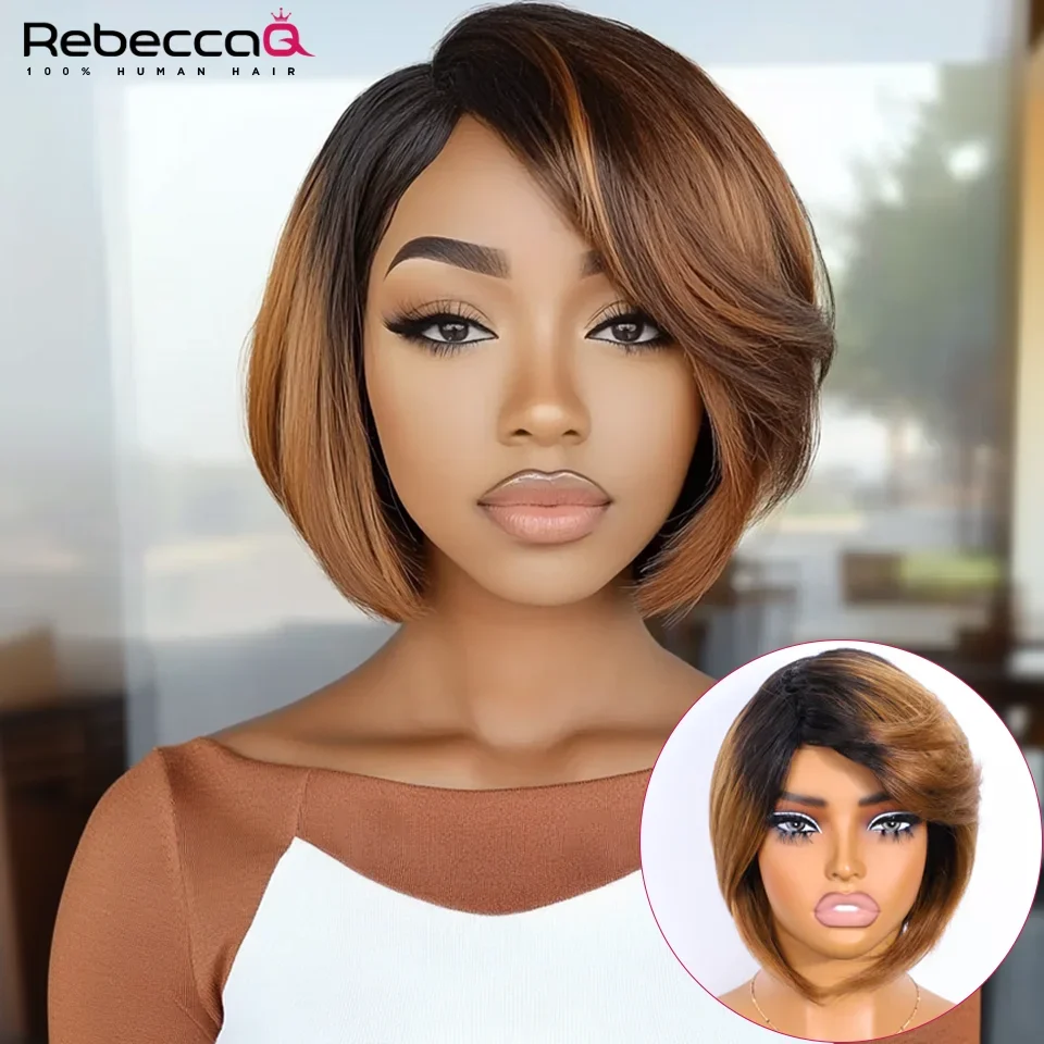 Kurze gerade Bob-Perücke, einfach zu tragen, leimlose Echthaar-Perücken mit Bnags, brasilianisches Remy-Braun-Menschenhaar, Bob-Perücke für Frauen