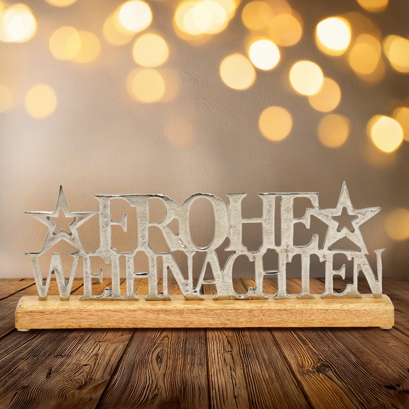 Deko-Schriftzug Frohe Weihnachten silbern auf Sockel aus Mangoholz Image