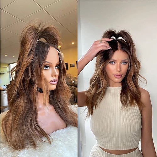 Remy Menschenhaar 13x4 Spitzenfront Perücke Kurzer Bob Peruanisches Haar Natürlich gewellt Braun Mehrfarbig Perücke 130% 150% Haardichte mit Babyhaar Gefärbte Haarspitzen (Ombré Hair) Strähnchen Image