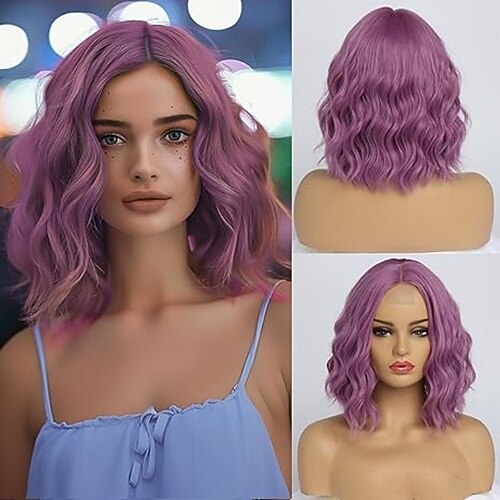 Kurze, gewellte Perücken für Frauen, schulterlang, mit Mittelscheitel, lockig, gewellt, Bob-Perücke, natürlich aussehende Perücke aus hitzebeständiger Kunstfaser für den täglichen Gebrauch auf Partys Image