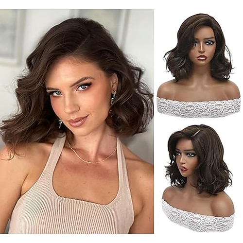 gewellte, lockige, kurze Bob-Perücke mit Pony für Frauen und Mädchen, täglicher Gebrauch, Seitenscheitel, Kunsthaar-Ersatzperücken mit natürlichem Aussehen Image