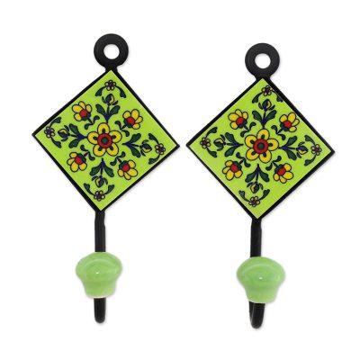 Dainty Flowers,'Pair of Floral Painted Ceramic Coat Hooks from India'