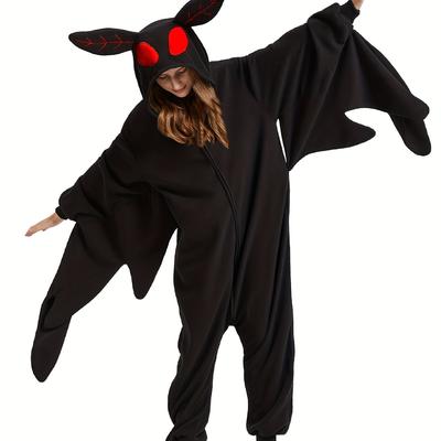 TEMU Cartoon Mothman Fuzzy Hooded Jumpsuit, Cute Long Sleeve Zip Up Pajamas - Perfect For Halloween & Christmas Cosplay Costumes, Women's Sleepwear & Loungewear