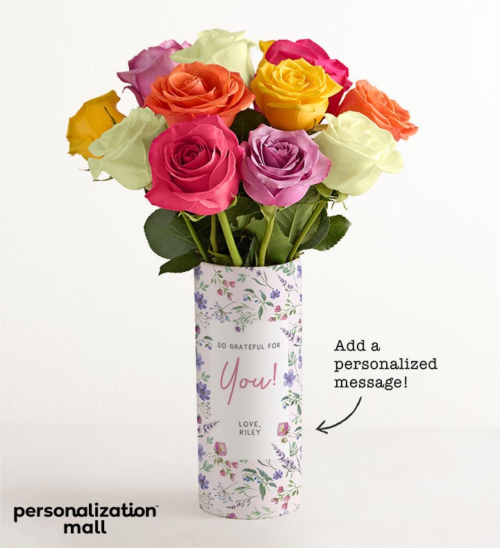 1-800-Flowers Flower Delivery So Grateful For You Bouquet W/ Personalized Vase W/ One Dozen Assorted Roses