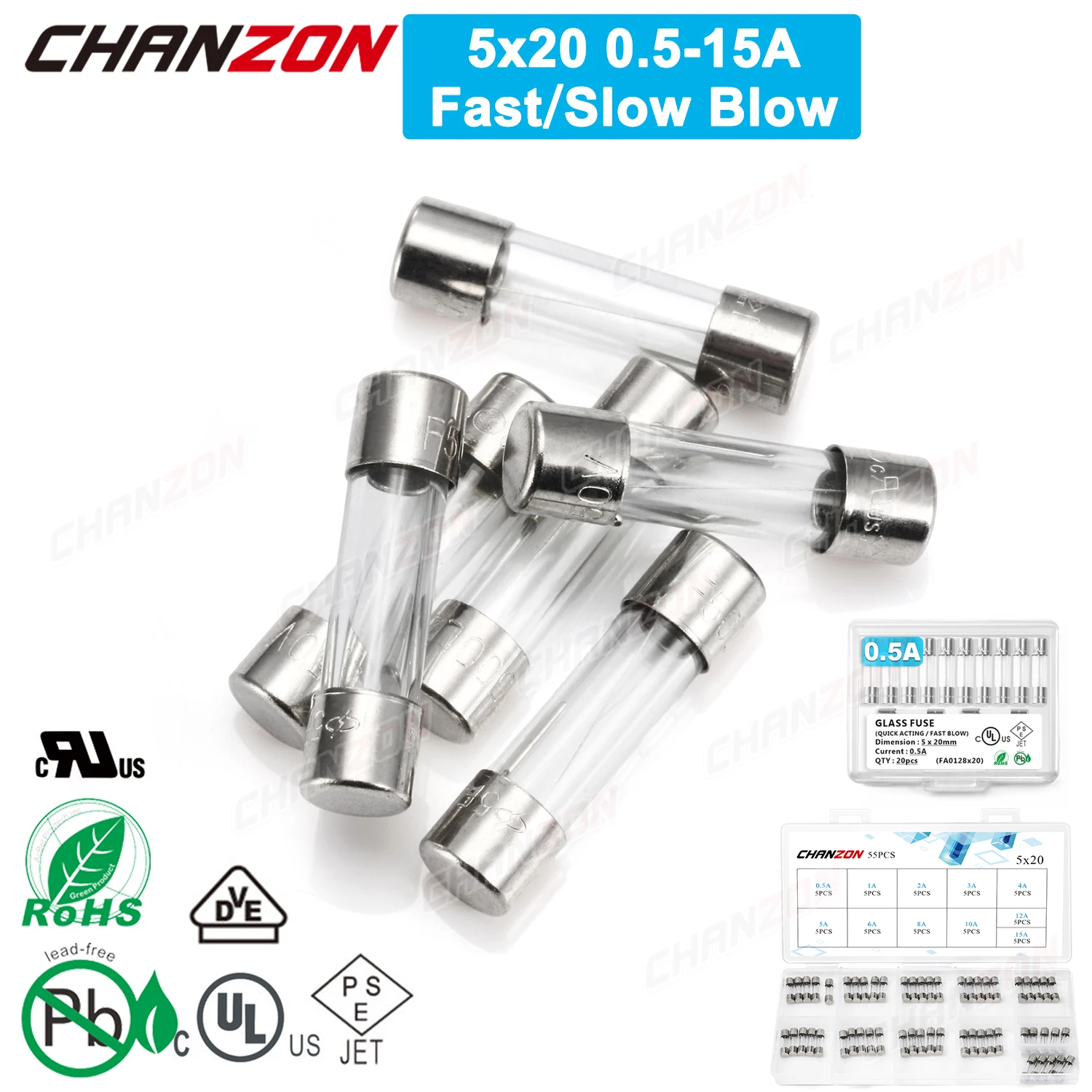 20/55 Stück 5x20 Glasrohrsicherung, schnell, langsam, 5 x 20 mm, Kit 0,5 A, 1 A, 2 A, 3 A, 4 A, 5 A, 6 A, 6,3 A, 8 A, 10 A, 12 A, 15 A, 250 V, 125 V, 12 V, Sortimentsset Image