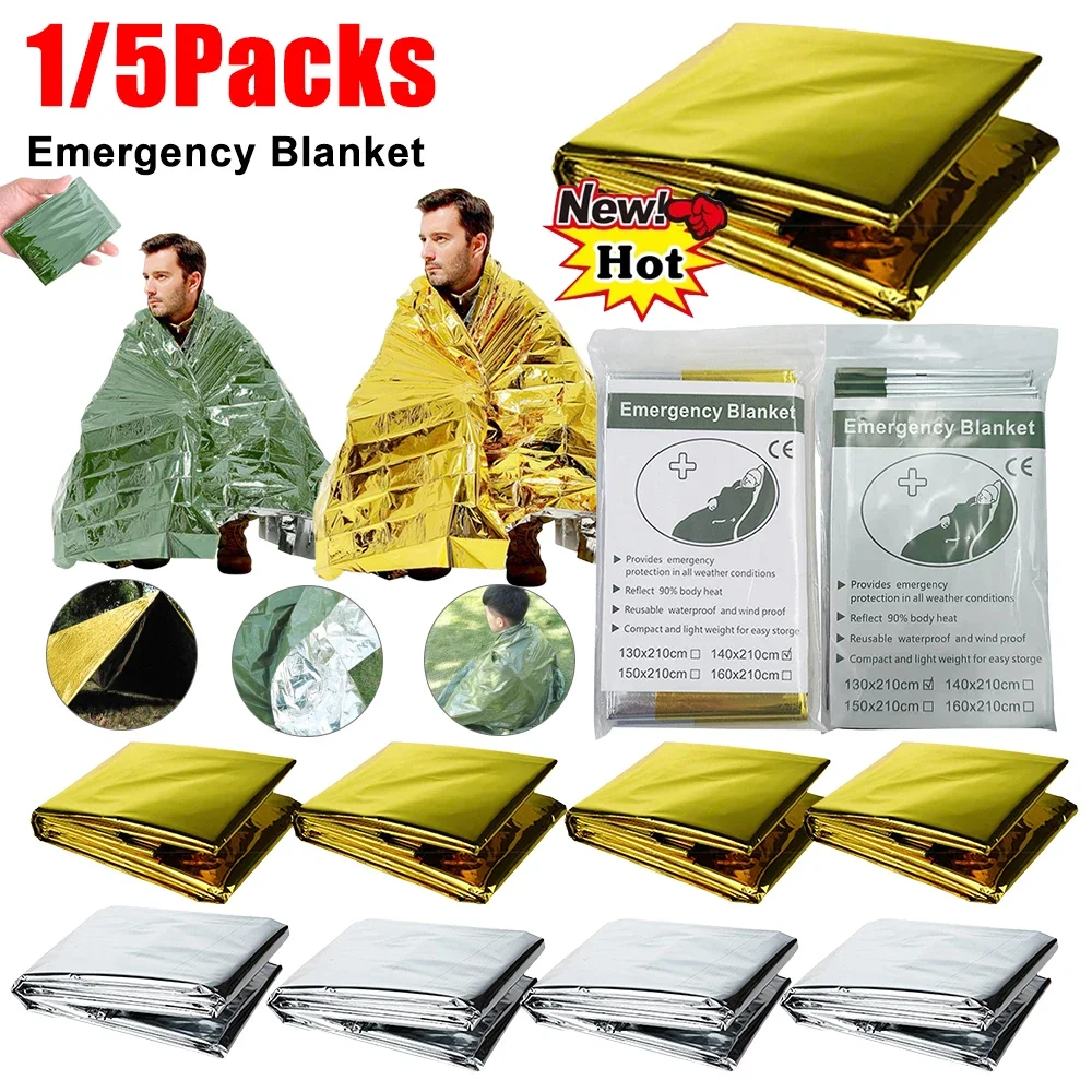 1/5 Packs Outdoor Lebensrettende Decke Aluminium Folie Solar Notfall Decke Wärmedämmung Decke Für Im Freien Wandern Werkzeug Image