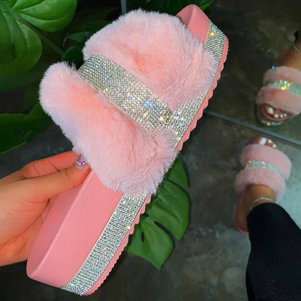 Sommer Hausschuhe Frau Faux Pelz Rutschen Strass Pelzigen Rosa Schuhe Pantufas De Pelucia De Bi Flauschigen Sliders Plüsch Hausschuhe