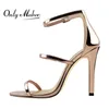 Only maker Frauen Knöchel riemen Stiletto Open Toe Sandalen Gold und Silber Hochzeits schuhe große